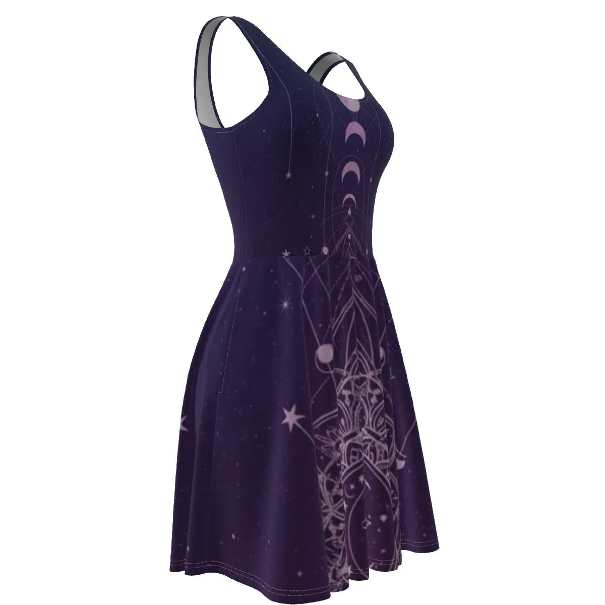 Mystic Lunar Mandala Dress, Moon Phase Spiritual Women’s Dress, Celestial Lotus Print Dress, Sacred Geometry Cosmic Outfit, Boho Mystic Style