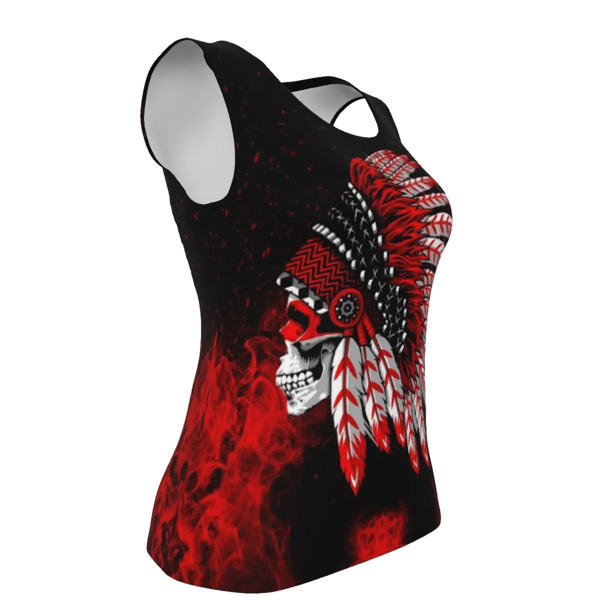 Native American Skull Women’s Tank Top, Red Feather Headdress Shirt, Tribal Gothic Sleeveless Top, Red Smoke Graphic Tank, Warrior Biker Style
