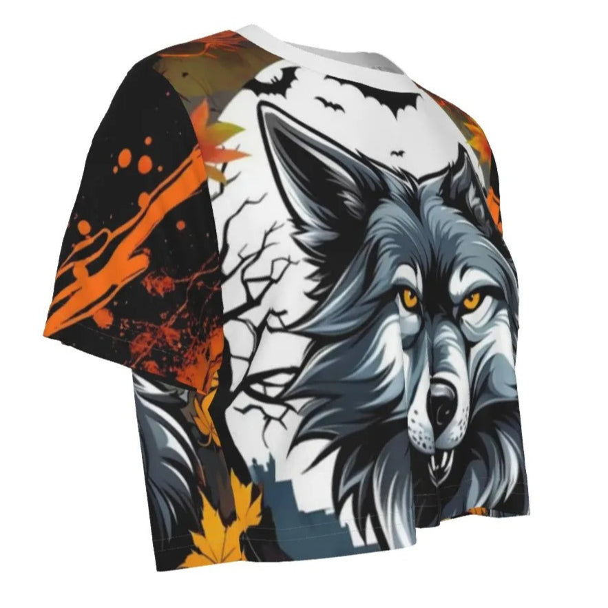 Howling Halloween Night Wolf Crop Top, Spooky Pumpkin Bat Shirt, Gothic Halloween Fashion, Autumn Wolf Top