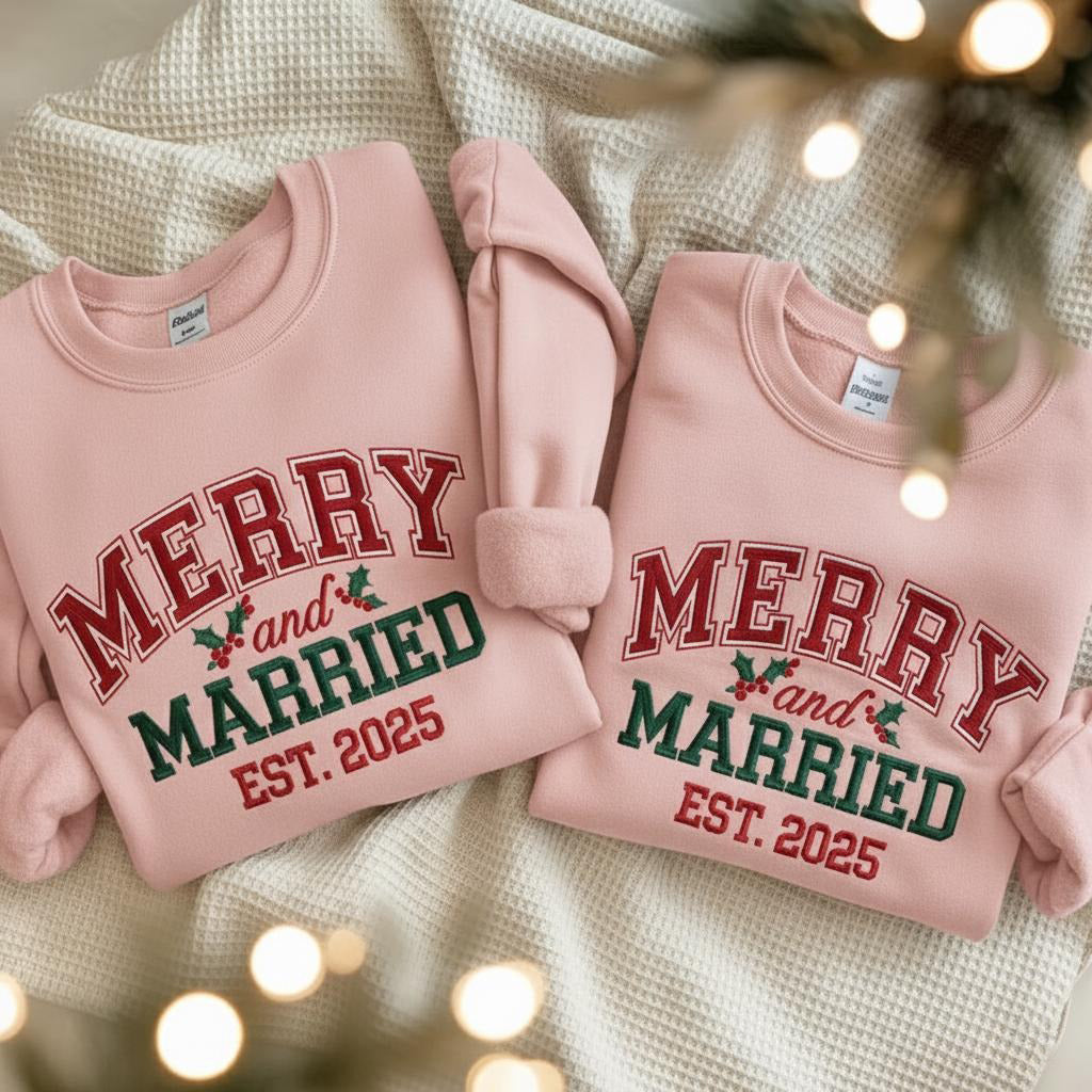 Embroidered Merry and Married Sweatshirt, Christmas Newlywed Matching Couple Sweaters, Christmas Wedding Sweater, Christmas Couple Shir EBAC70