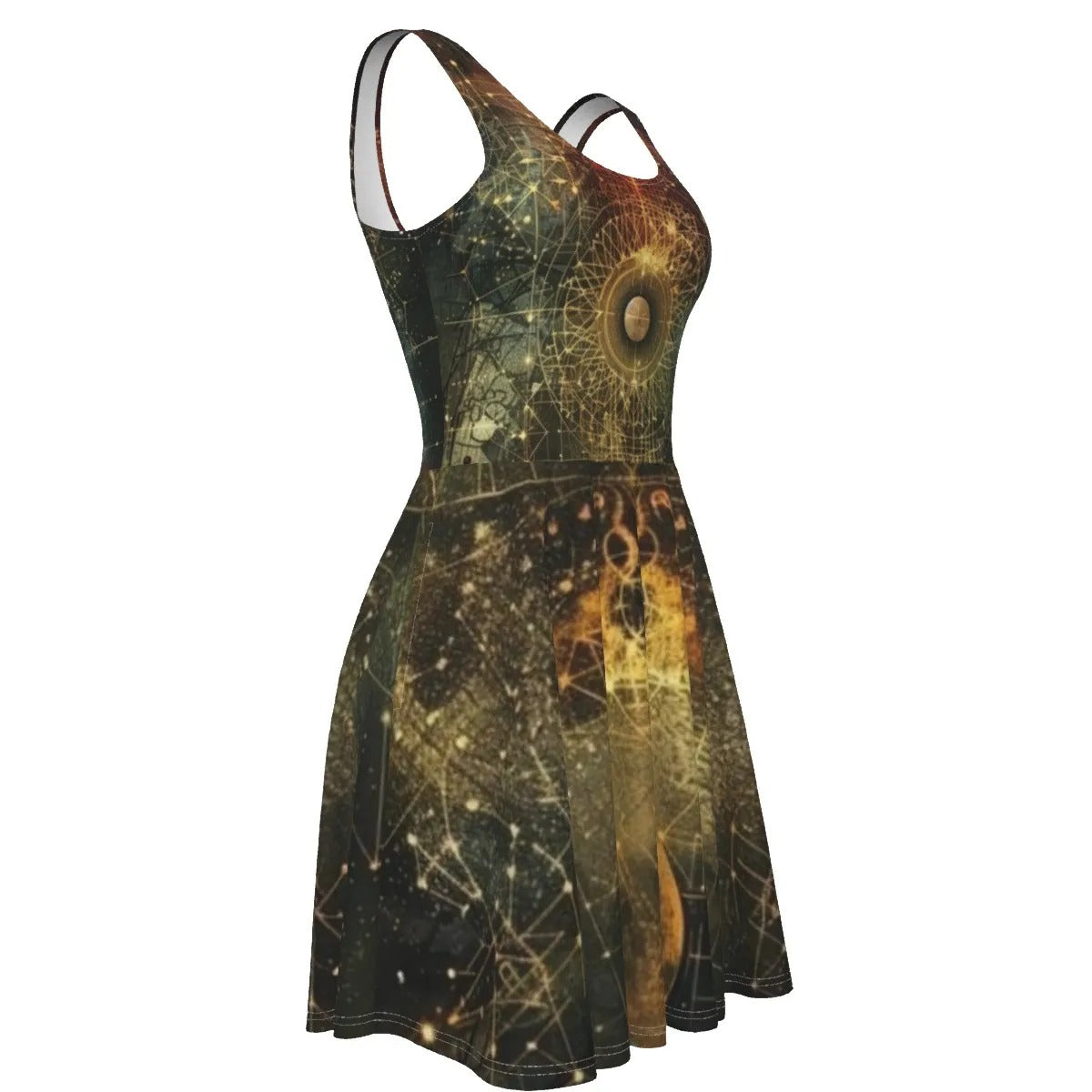 Celestial Alchemy Dress, Sacred Geometry Midi Dress with Cosmic Symbols & Mystical Astral Design, Style for Spiritual Souls & Moon Lovers