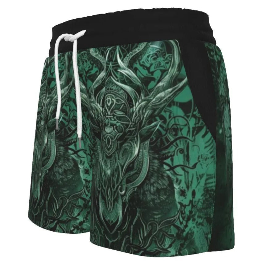 Women’s Vilking Shorts – Norse Mythology Design with Celtic Wolf, Rune Symbols & Warrior Spirit for Active Wear, Spiritual Festival Wear