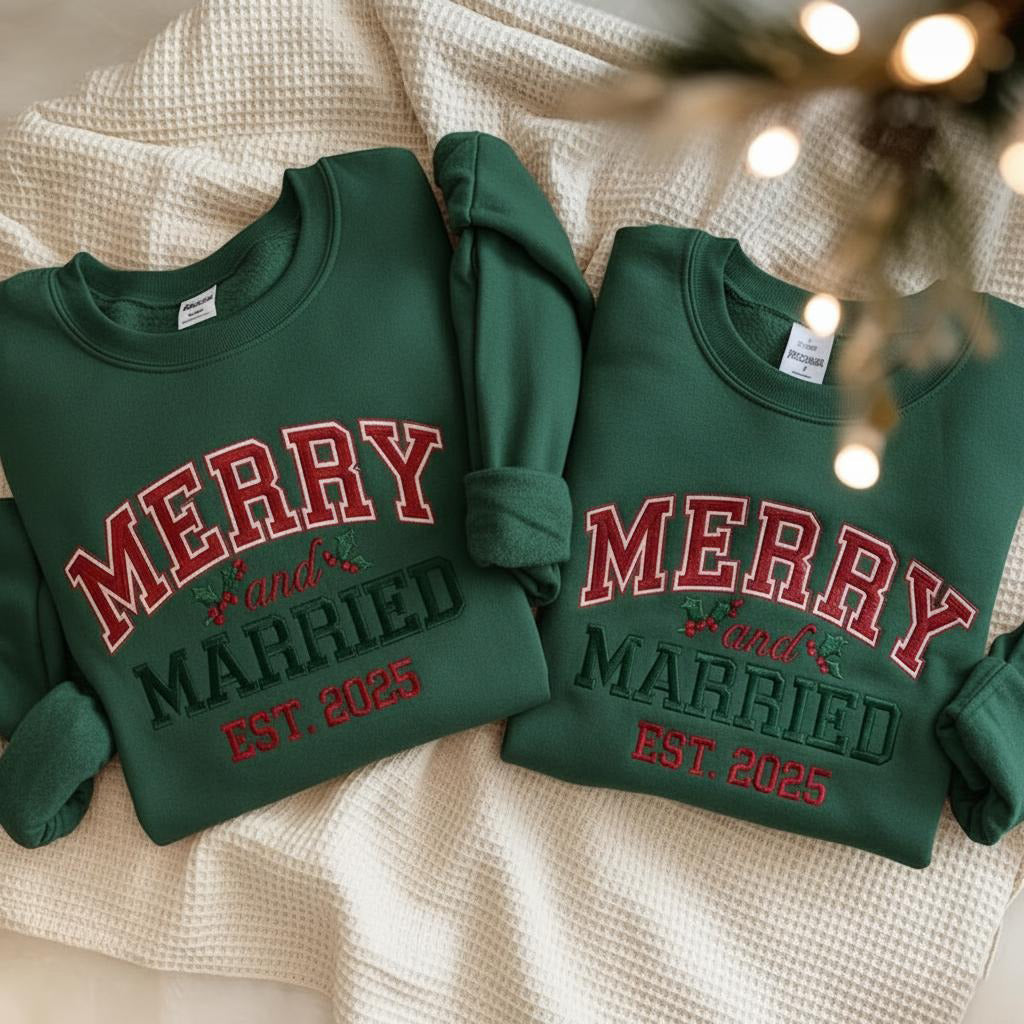 Embroidered Merry and Married Sweatshirt, Christmas Newlywed Matching Couple Sweaters, Christmas Wedding Sweater, Christmas Couple Shir EBAC70