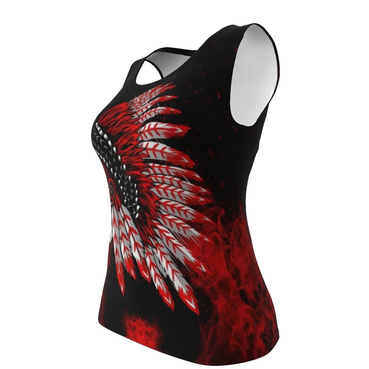 Native American Skull Women’s Tank Top, Red Feather Headdress Shirt, Tribal Gothic Sleeveless Top, Red Smoke Graphic Tank, Warrior Biker Style