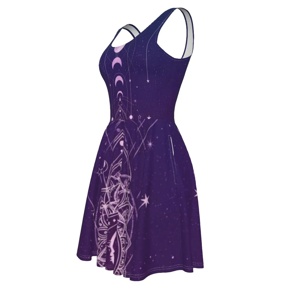 Mystic Lunar Mandala Dress, Moon Phase Spiritual Women’s Dress, Celestial Lotus Print Dress, Sacred Geometry Cosmic Outfit, Boho Mystic Style