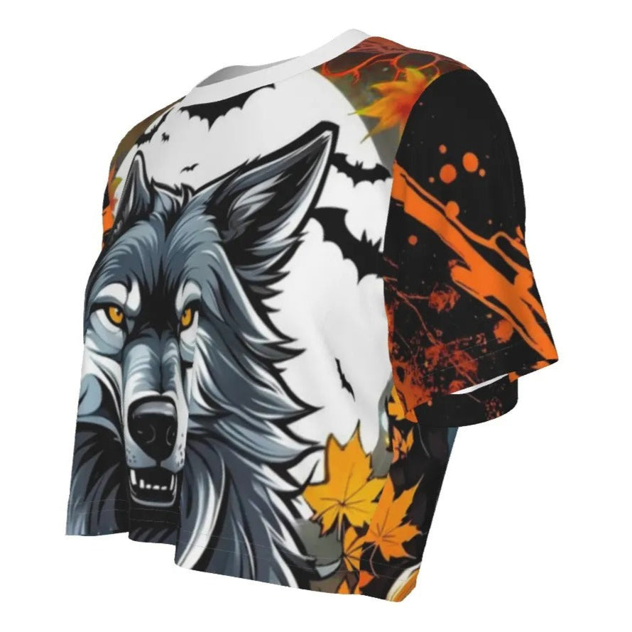 Howling Halloween Costumes Night Wolf Crop Top, Spooky Pumpkin Bat Custom T Shirts, Gothic Halloween Fashion, Halloween Costume Ideas