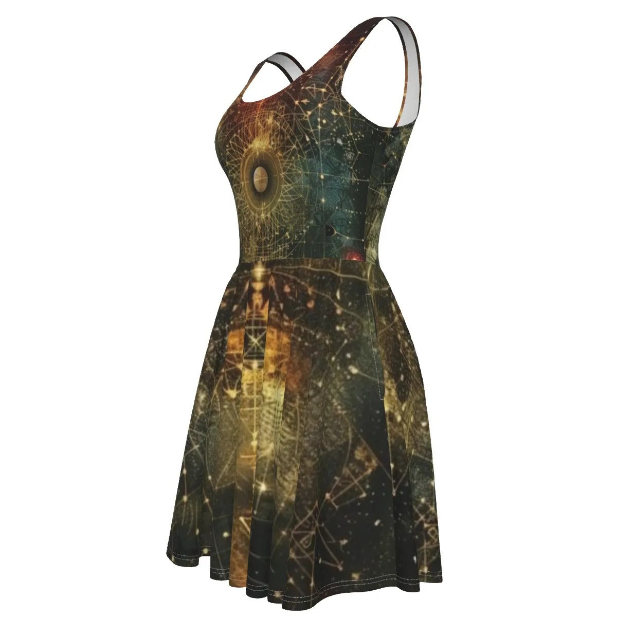 Celestial Alchemy Dress, Sacred Geometry Midi Dress with Cosmic Symbols & Mystical Astral Design, Style for Spiritual Souls & Moon Lovers