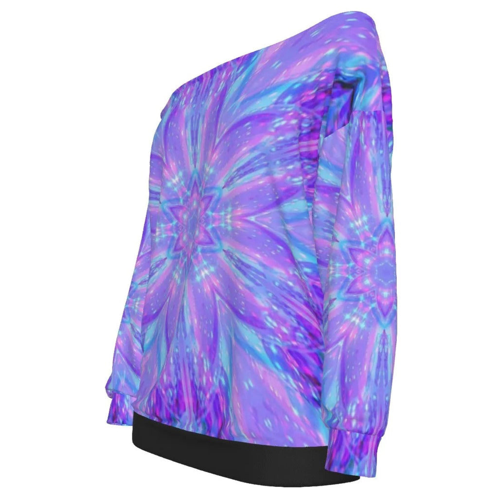 Kaleio Galaxy Off Shoulder Top, Trippy Psychedelic Space Shirt, Holographic Mandala Festival Blouse, Cosmic Rave Outfit for Women
