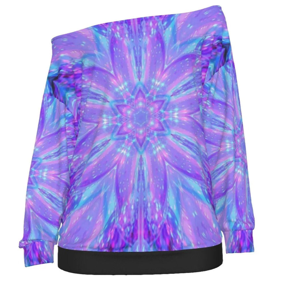 Kaleio Galaxy Off Shoulder Top, Trippy Psychedelic Space Shirt, Holographic Mandala Festival Blouse, Cosmic Rave Outfit for Women