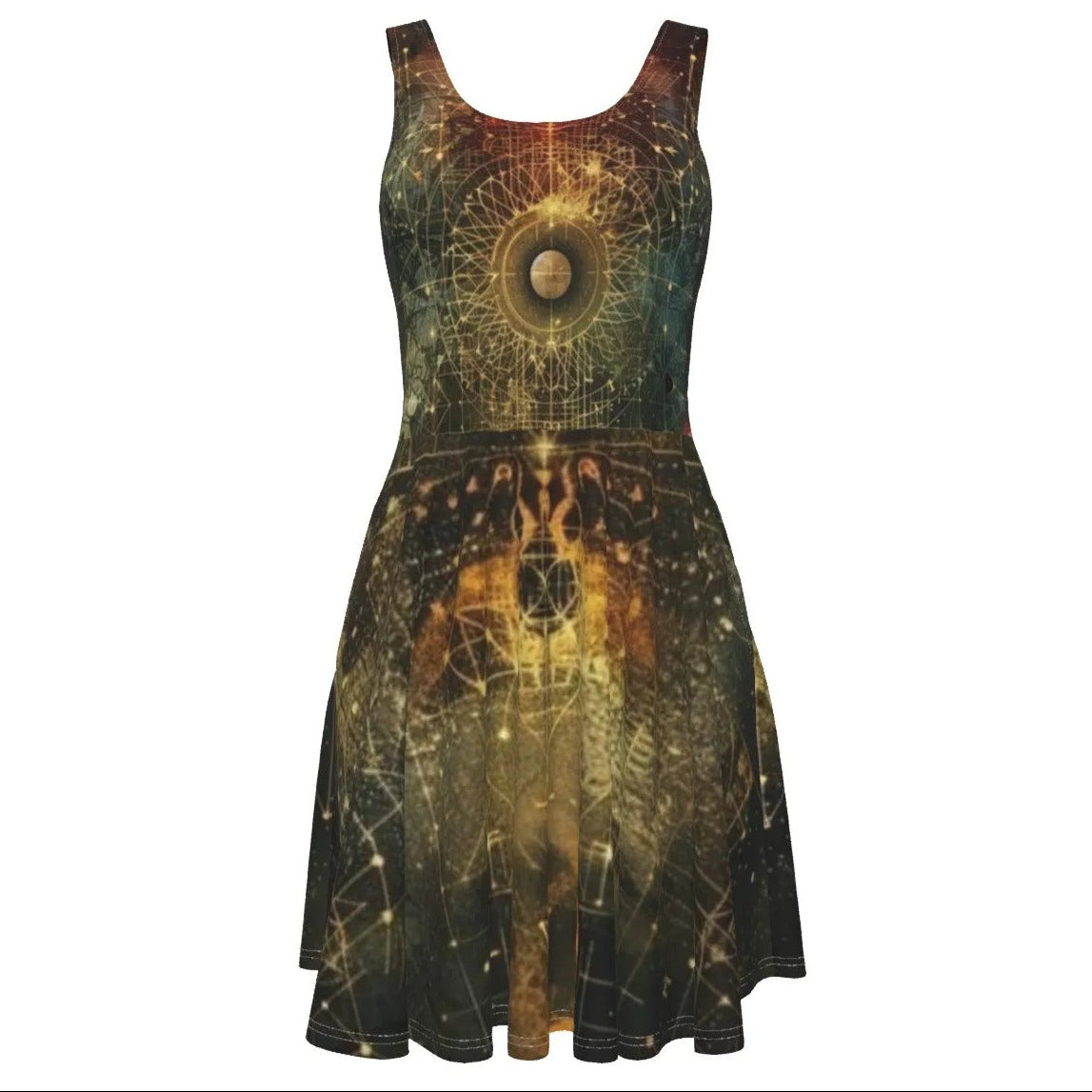 Celestial Alchemy Dress, Sacred Geometry Midi Dress with Cosmic Symbols & Mystical Astral Design, Style for Spiritual Souls & Moon Lovers