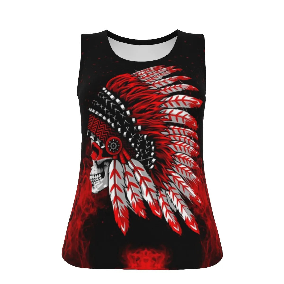 Native American Skull Women’s Tank Top, Red Feather Headdress Shirt, Tribal Gothic Sleeveless Top, Red Smoke Graphic Tank, Warrior Biker Style