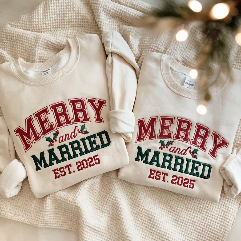 Embroidered Merry and Married Sweatshirt, Christmas Newlywed Matching Couple Sweaters, Christmas Wedding Sweater, Christmas Couple Shir EBAC70
