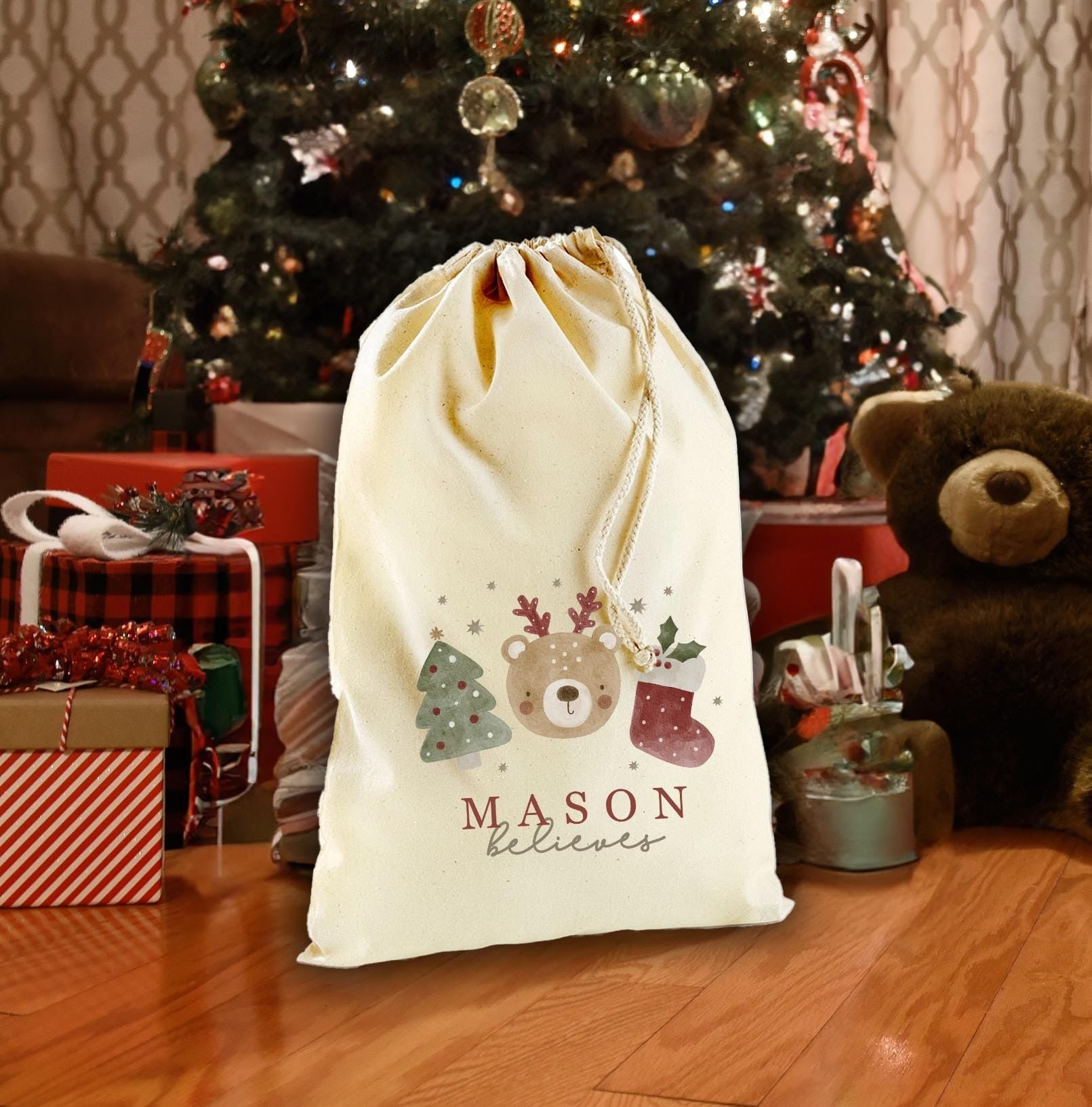 Personalized Christmas Gift Bag, Bear Santa Sack with Name, Holiday Drawstring Bag, Custom Xmas Present Bag for Kids, Christmas Eve Sack