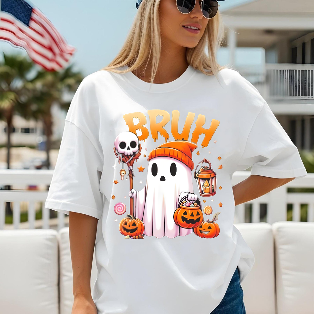 Bruh Ghost Halloween Shirt, Funny Cute Spooky Season T-Shirt, Pumpkin Trick or Treat Candy Tee