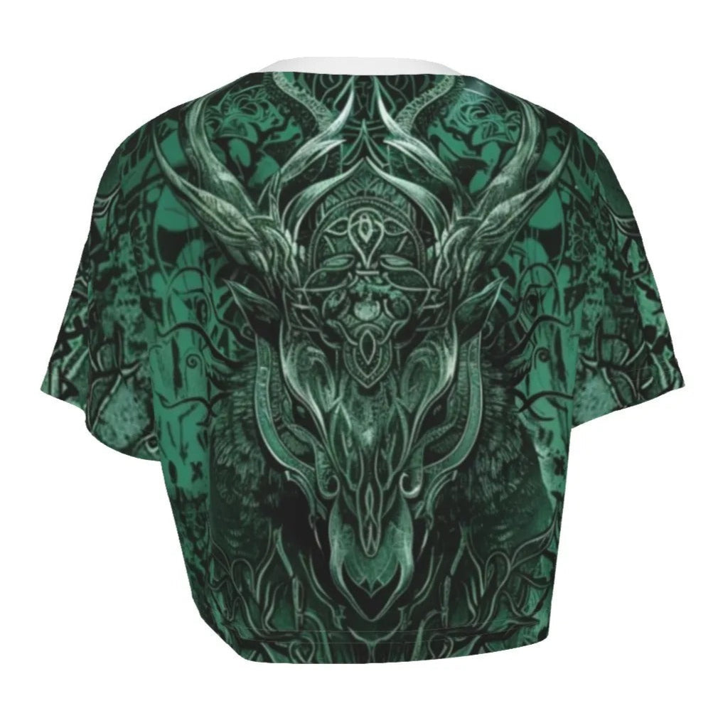 Women’s Vilking Crop Top, Norse Mythology Design with Celtic Wolf, Rune Symbols & Warrior Spirit for Viking Fashion