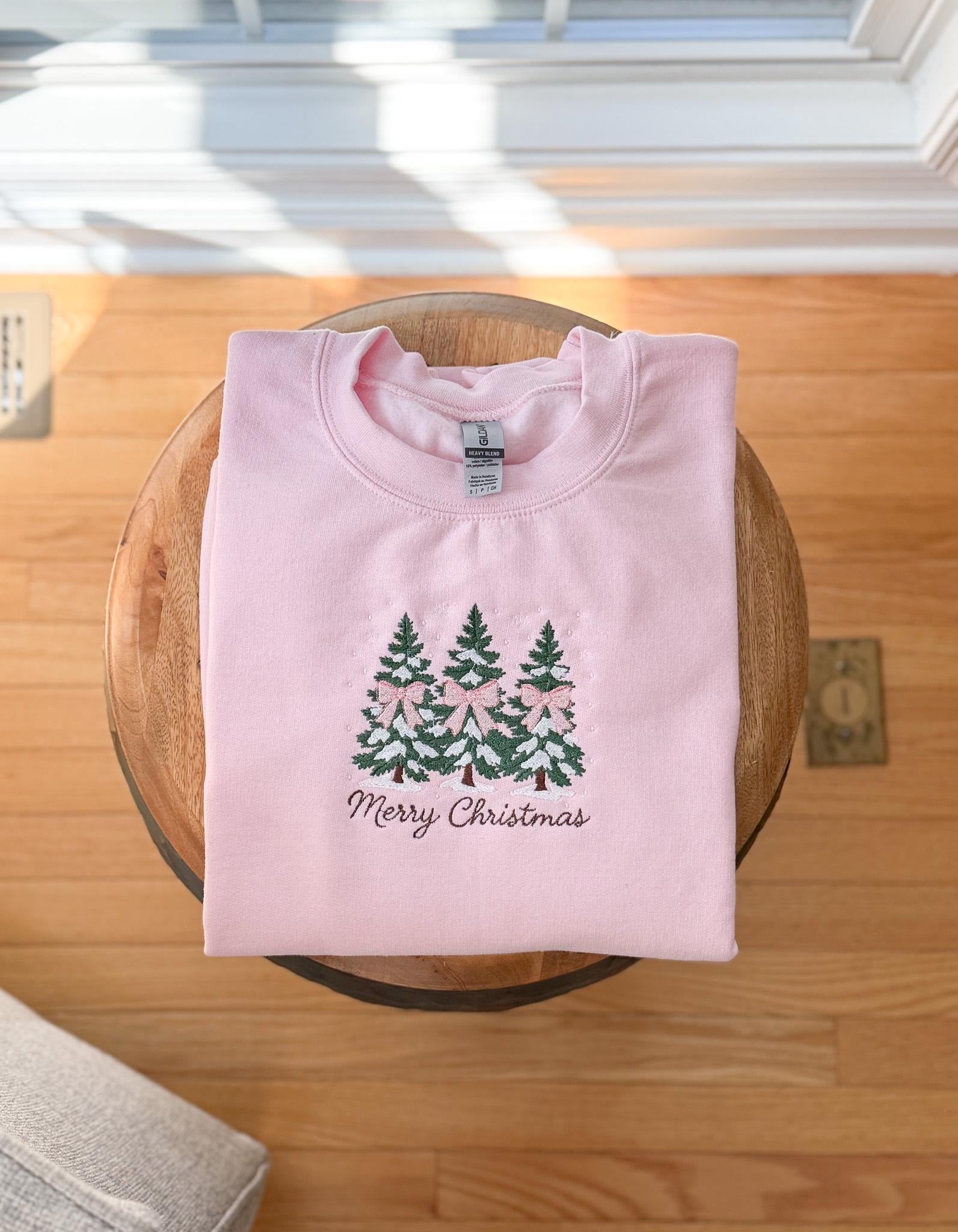 Merry Christmas Embroidered Sweatshirt, Holiday Crewneck with Christmas Trees & Bows, Christmas Tree Embroidery Gift EBAC71