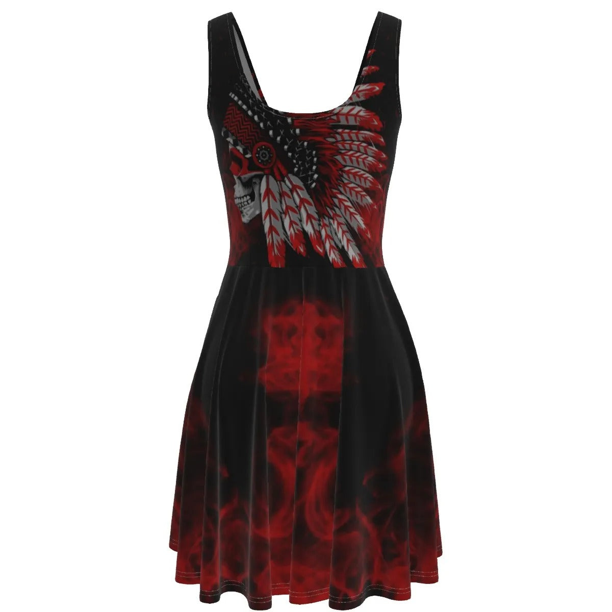 Native American Skull Dress, Red Feather Headdress Women’s Dress, Tribal Gothic Outfit, Red Smoke Graphic Dress, Warrior Biker Style