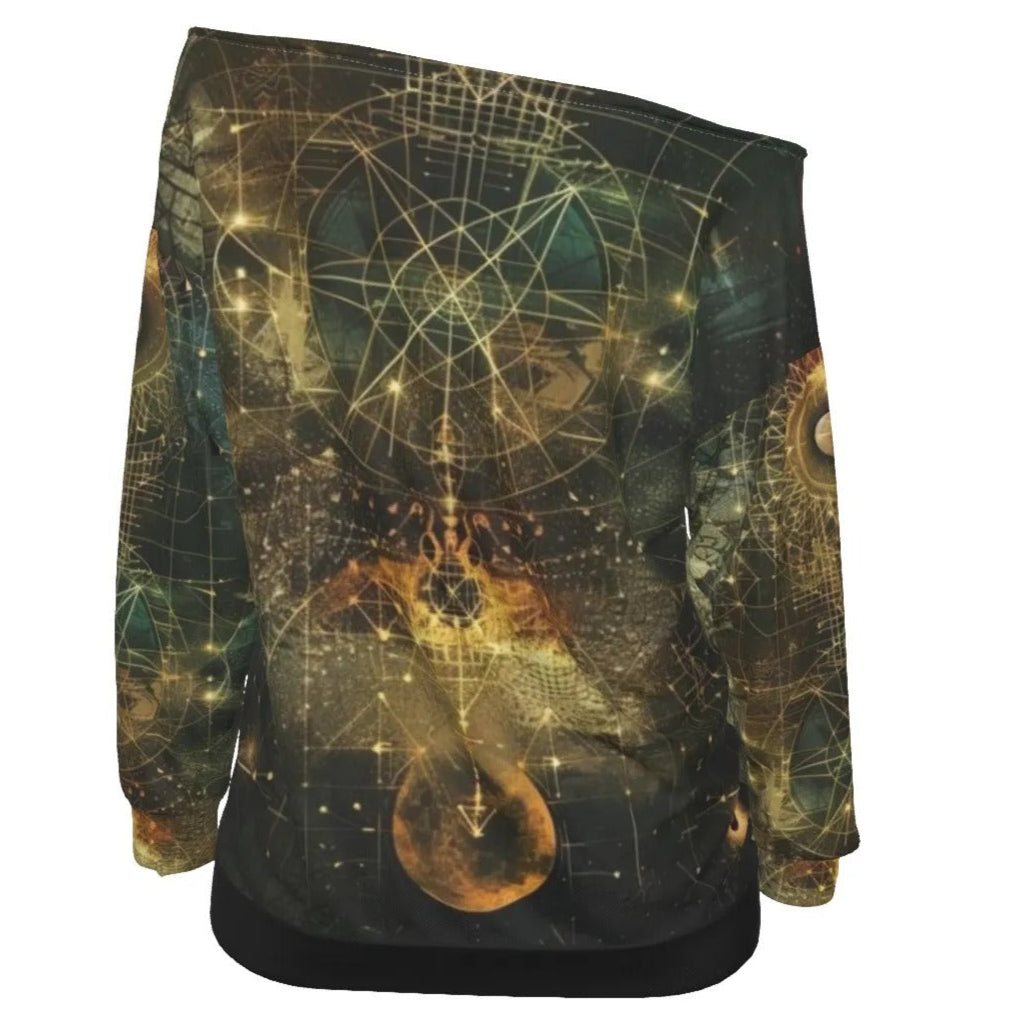 Celestial Alchemy Off Shoulder Top, Astrology-Inspired Boho Top with Cosmic Energy Design, Feminine Celestial Top with Esoteric Symbols
