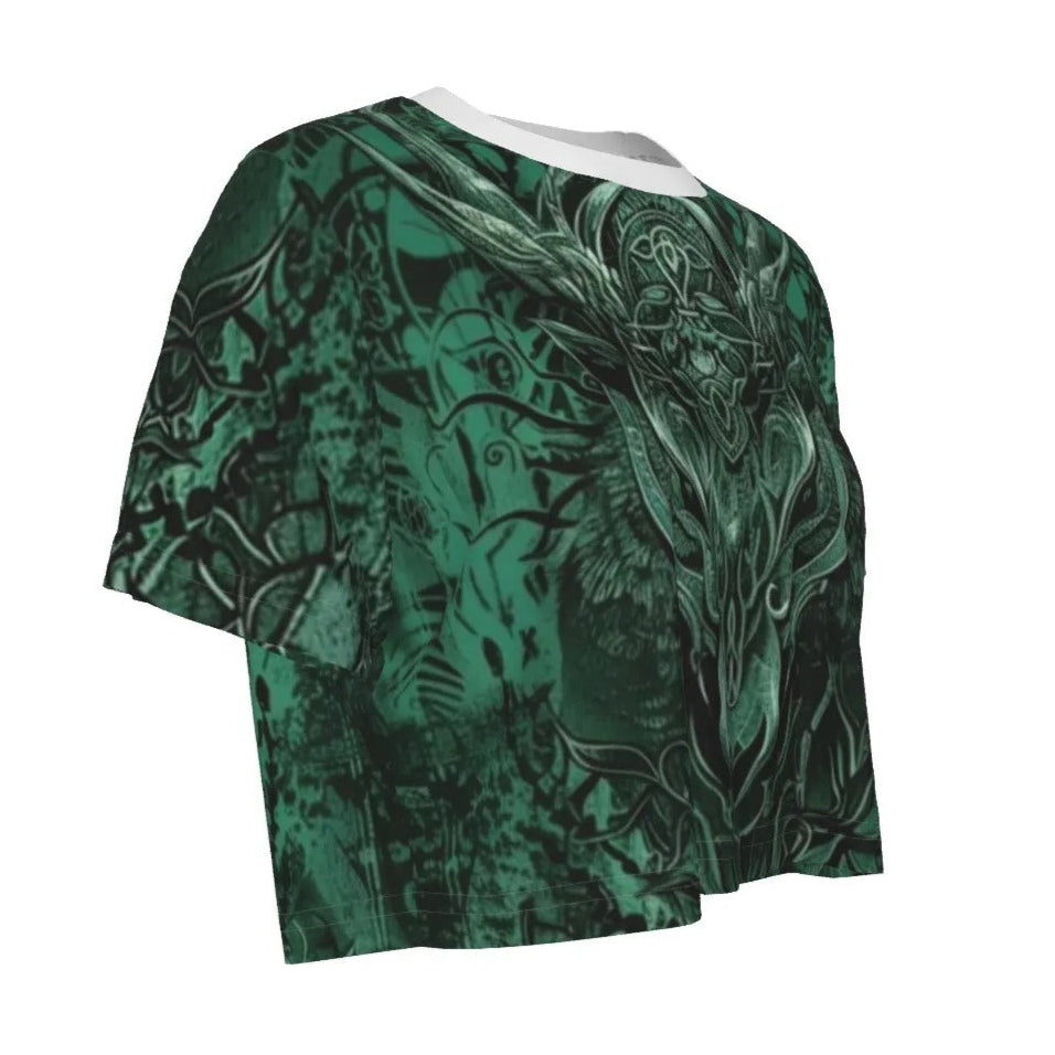 Women’s Vilking Crop Top, Norse Mythology Design with Celtic Wolf, Rune Symbols & Warrior Spirit for Viking Fashion