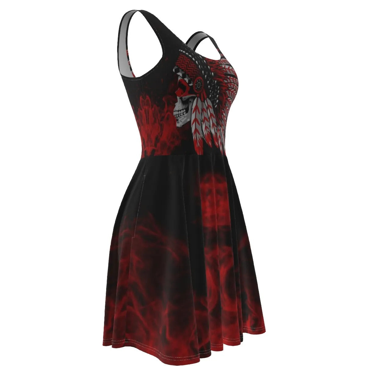 Native American Skull Dress, Red Feather Headdress Women’s Dress, Tribal Gothic Outfit, Red Smoke Graphic Dress, Warrior Biker Style