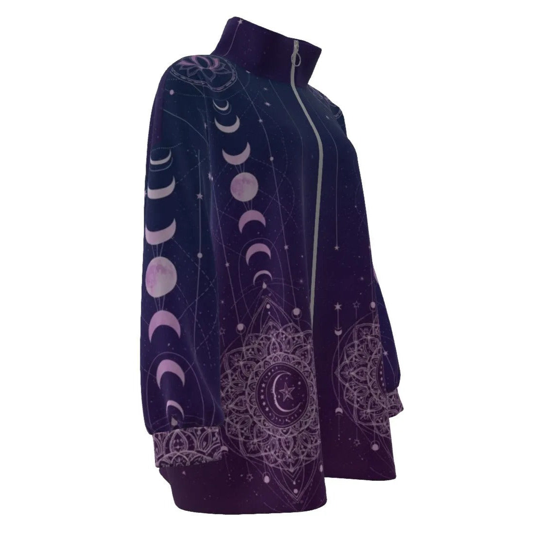 Mystic Lunar Mandala Women’s Coat, Moon Phase Spiritual Jacket, Celestial Lotus Outerwear, Sacred Geometry Cosmic Coat, Boho Mystic Style