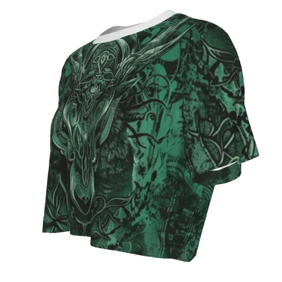Women’s Vilking Crop Top, Norse Mythology Design with Celtic Wolf, Rune Symbols & Warrior Spirit for Viking Fashion