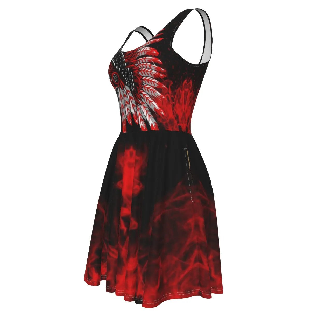 Native American Skull Dress, Red Feather Headdress Women’s Dress, Tribal Gothic Outfit, Red Smoke Graphic Dress, Warrior Biker Style