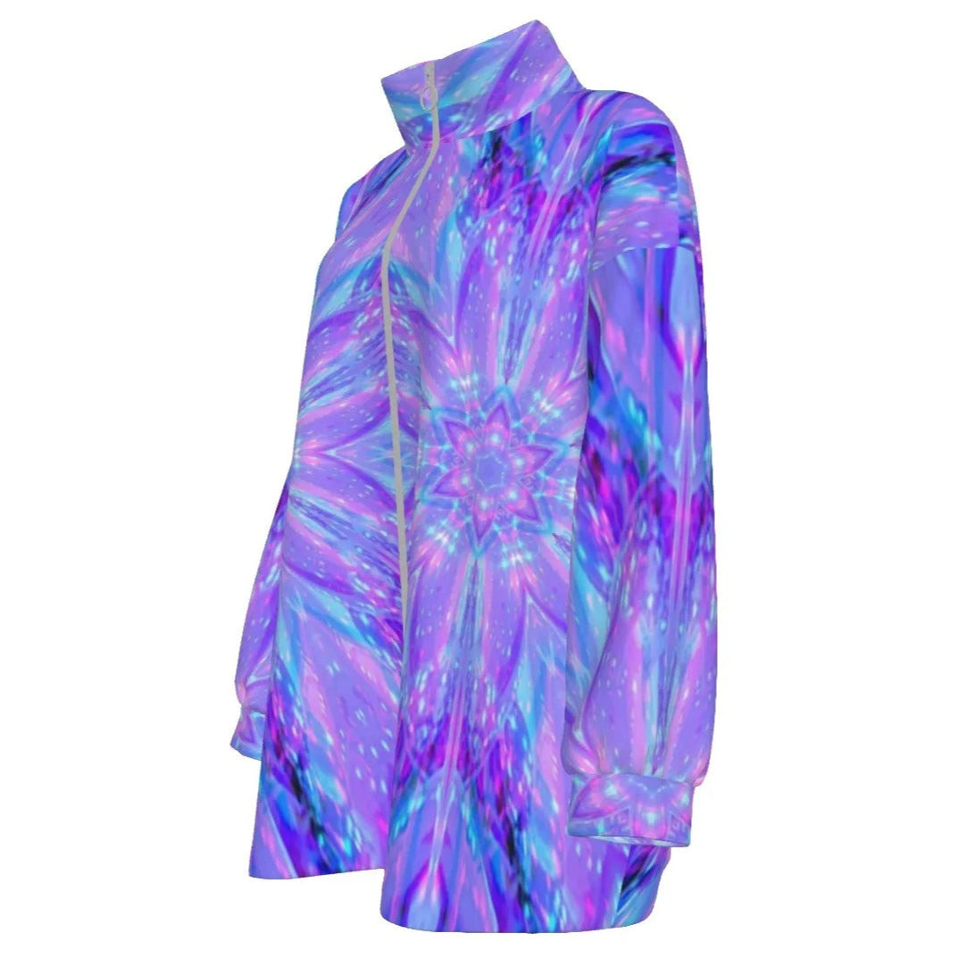Kaleio Galaxy Women’s Coat, Trippy Psychedelic Outerwear, Holographic Mandala Space Jacket, Cosmic Festival Streetwear