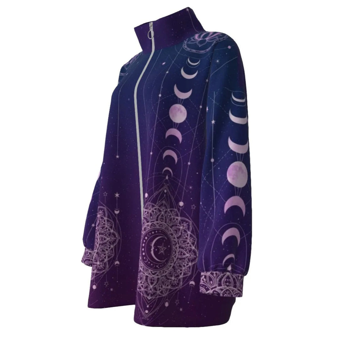 Mystic Lunar Mandala Women’s Coat, Moon Phase Spiritual Jacket, Celestial Lotus Outerwear, Sacred Geometry Cosmic Coat, Boho Mystic Style