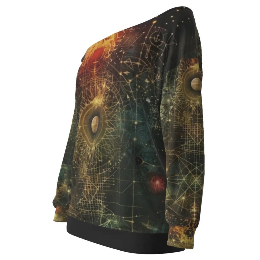 Celestial Alchemy Off Shoulder Top, Astrology-Inspired Boho Top with Cosmic Energy Design, Feminine Celestial Top with Esoteric Symbols