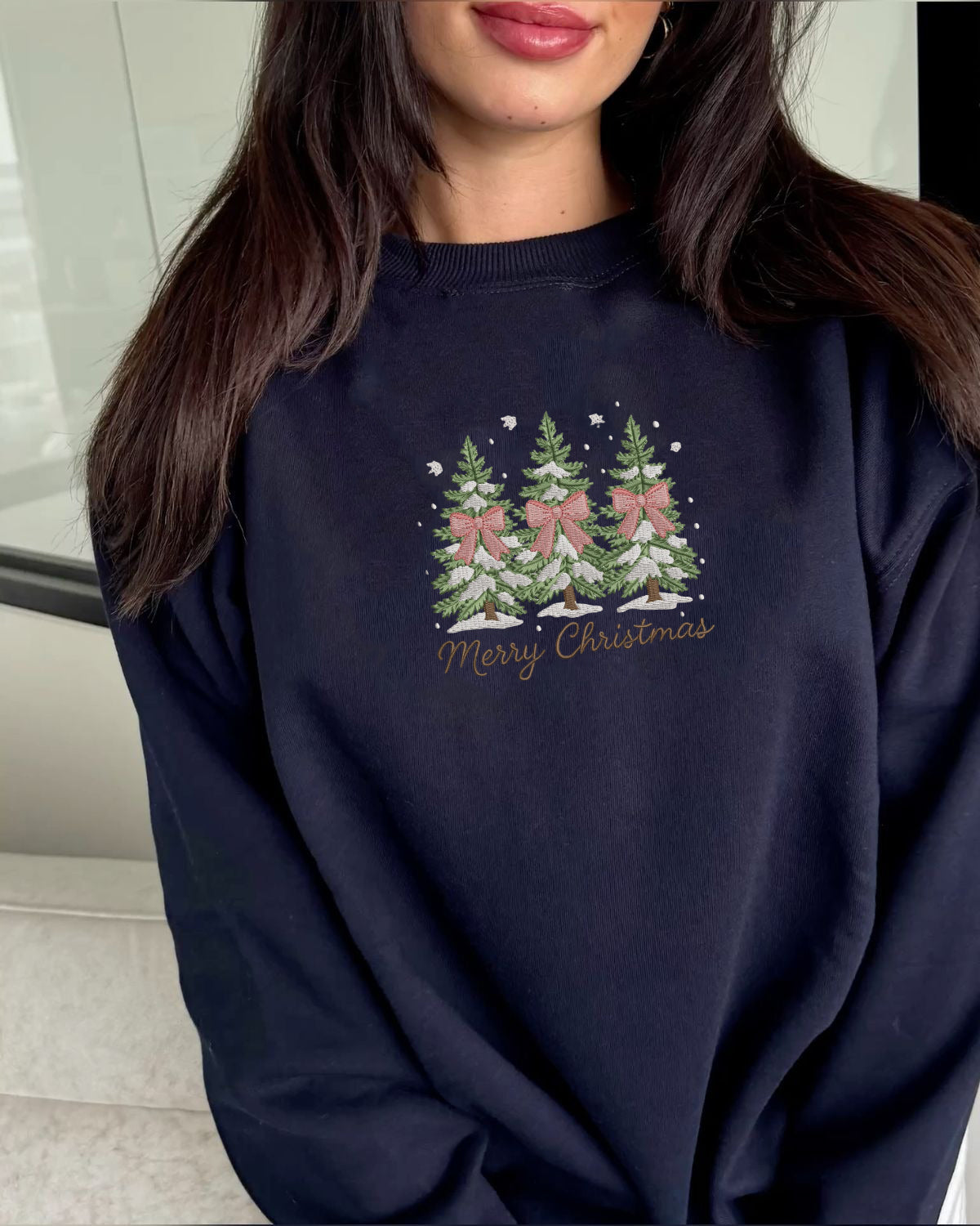 Merry Christmas Embroidered Sweatshirt, Holiday Crewneck with Christmas Trees & Bows, Christmas Tree Embroidery Gift EBAC71