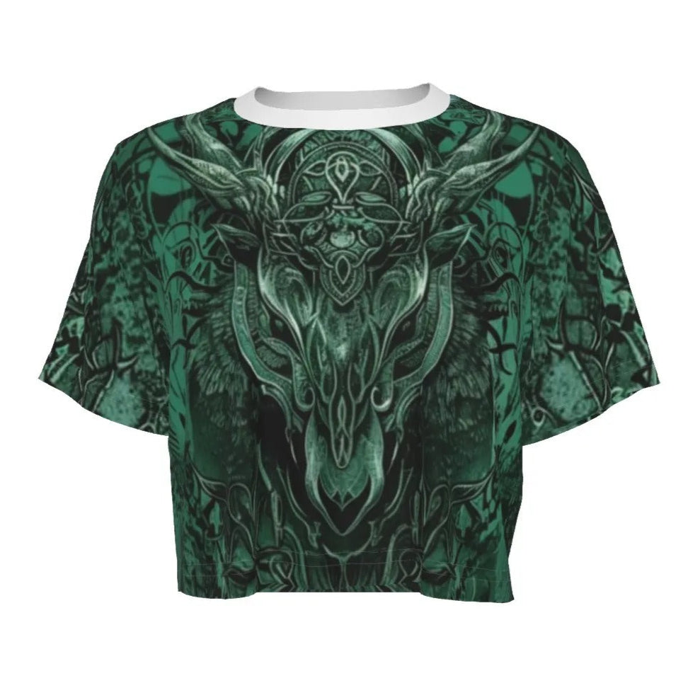 Women’s Vilking Crop Top, Norse Mythology Design with Celtic Wolf, Rune Symbols & Warrior Spirit for Viking Fashion