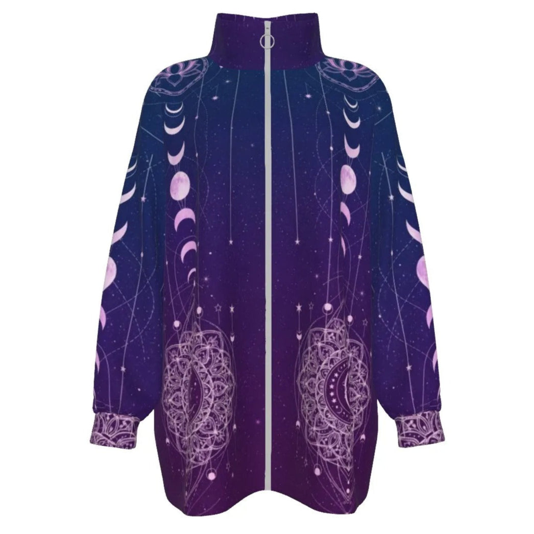 Mystic Lunar Mandala Women’s Coat, Moon Phase Spiritual Jacket, Celestial Lotus Outerwear, Sacred Geometry Cosmic Coat, Boho Mystic Style