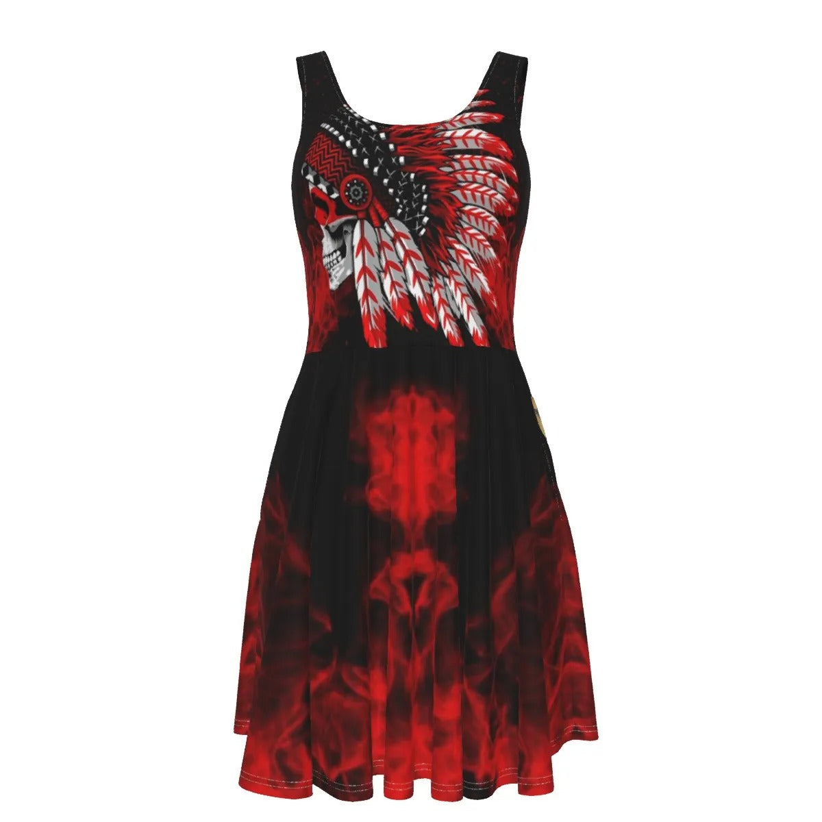 Native American Skull Dress, Red Feather Headdress Women’s Dress, Tribal Gothic Outfit, Red Smoke Graphic Dress, Warrior Biker Style