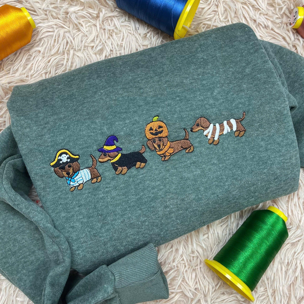 Dachshund Halloween Embroidered Sweatshirt, Cute Dog Costume Crewneck, Spooky Season Fall Dog Shirt, Gifts For Dog Lovers, Dog Mom Shirt EBAC21