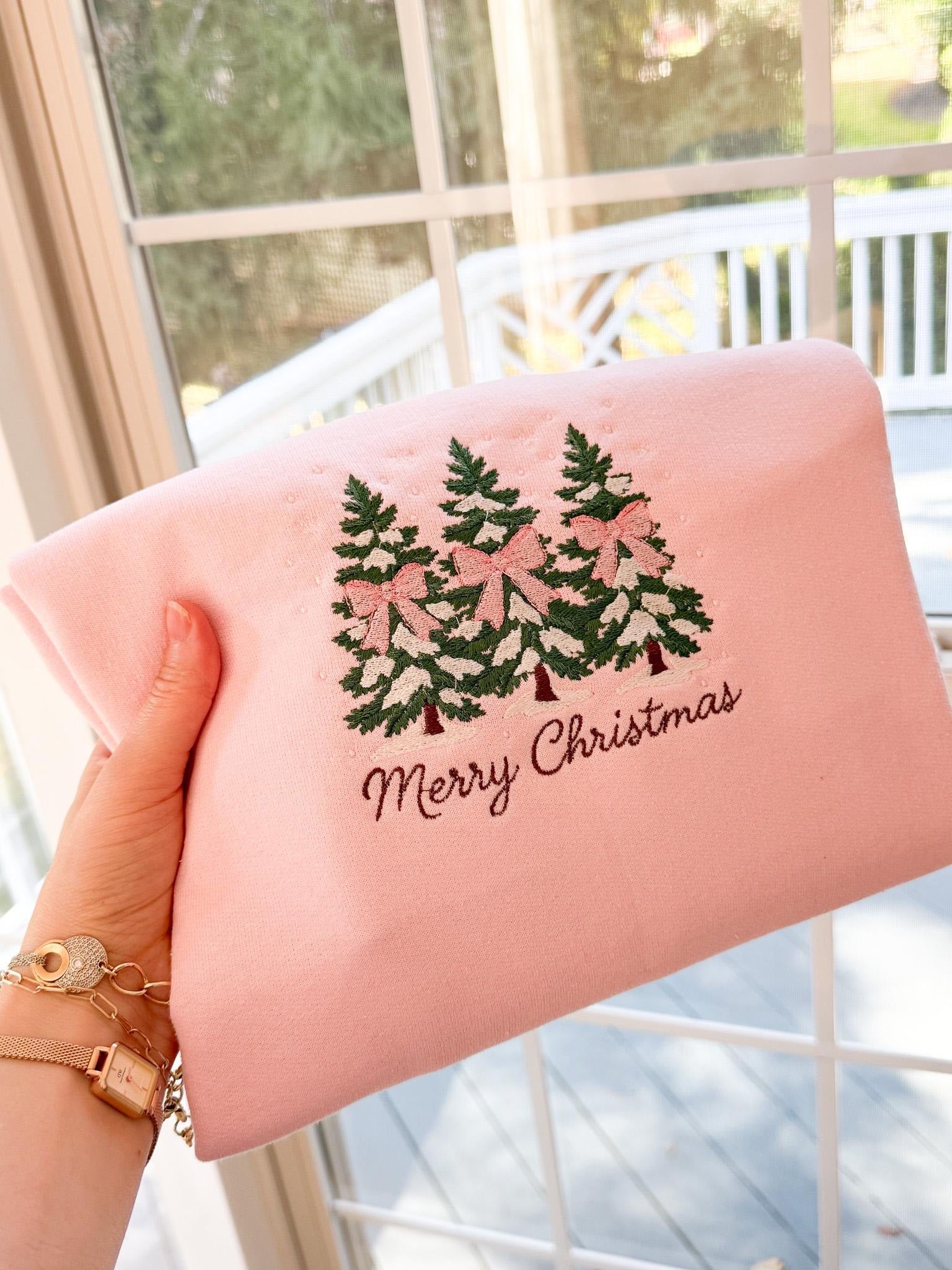 Merry Christmas Embroidered Sweatshirt, Holiday Crewneck with Christmas Trees & Bows, Christmas Tree Embroidery Gift EBAC71