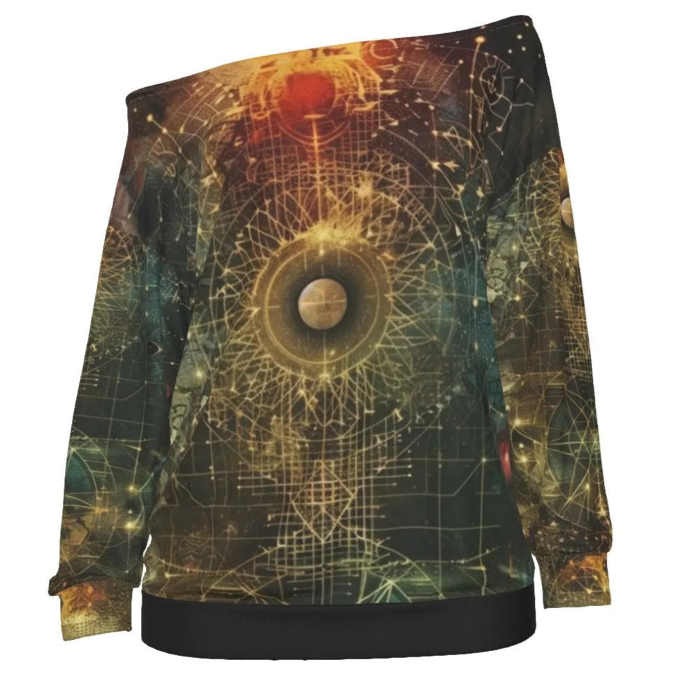 Celestial Alchemy Off Shoulder Top, Astrology-Inspired Boho Top with Cosmic Energy Design, Feminine Celestial Top with Esoteric Symbols
