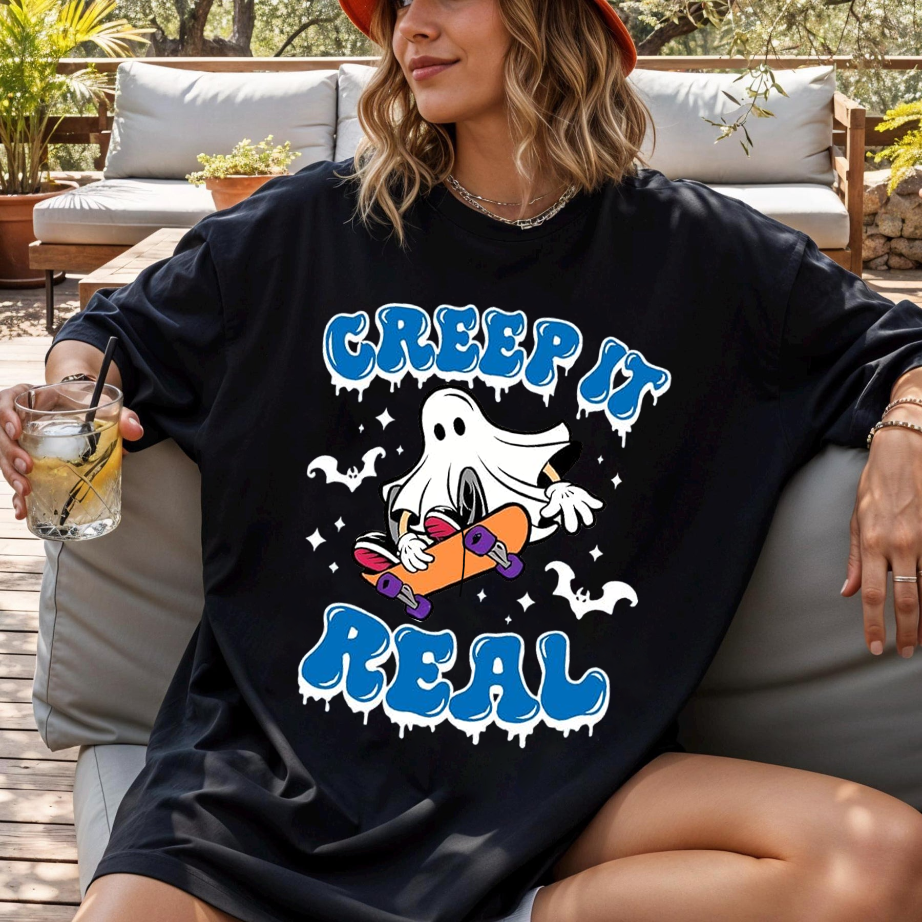 Creep It Real Shirt, Skater Ghost T-Shirt, Funny Halloween, Graphic Tee, Unisex Casual Shirt for Fall & Spooky Season