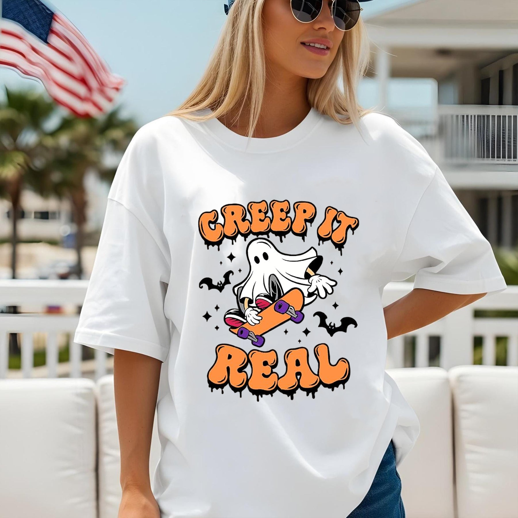Creep It Real Shirt, Skater Ghost T-Shirt, Funny Halloween, Graphic Tee, Unisex Casual Shirt for Fall & Spooky Season