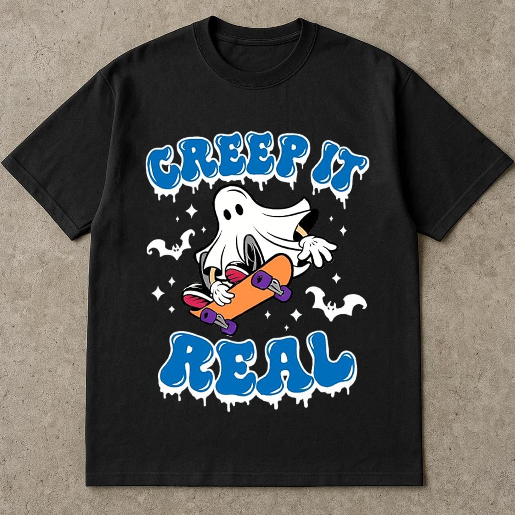 Creep It Real Shirt, Skater Ghost T-Shirt, Funny Halloween, Graphic Tee, Unisex Casual Shirt for Fall & Spooky Season