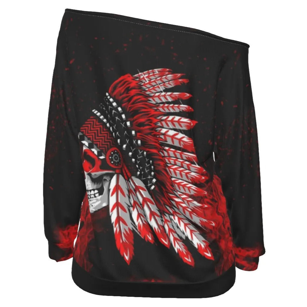 Native American Skull Off-Shoulder Top, Red Feather Headdress Shirt, Tribal Gothic Blouse, Red Smoke Graphic Wear, Warrior Biker Style