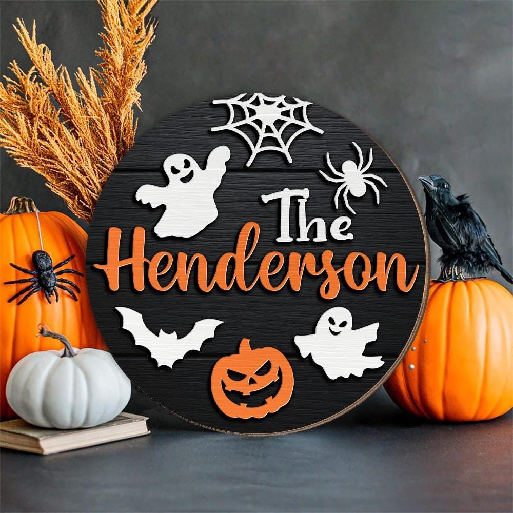 Personalized Halloween Door Hanger, Halloween Family Sign, Custom Family Name Sign, Halloween Decor, Halloween Gift, Wooden Door Hanger