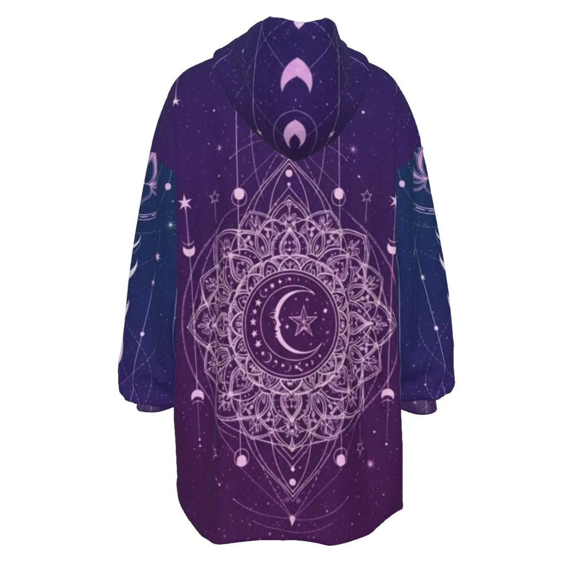 Mystic Lunar Mandala Wearable Hooded Blanket, Moon Phase Spiritual Wrap, Celestial Lotus Hooded Cape, Sacred Geometry Cosmic Loungewear, Boho Mystic Style