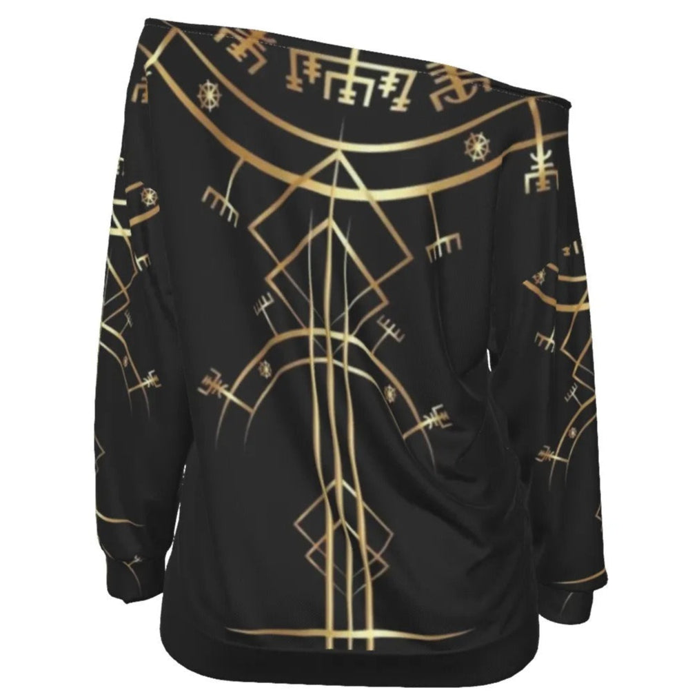 Viking Vegvisir Mysticism Off-Shoulder Top, Norse Compass Viking Bardot Shirt, Nordic Rune Spiritual Fashion, Viking Sacred Geometry Blouse