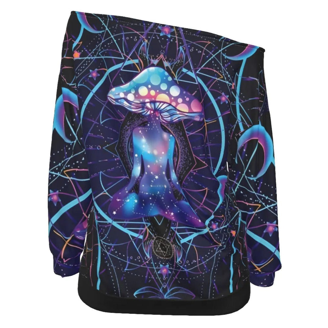 Mystic Mushroom Awakening Off-Shoulder Top, Psychedelic Spiritual Blouse, Cosmic Mushroom Bardot Shirt, Visionary Art Festival Wear, Boho Mystic Style