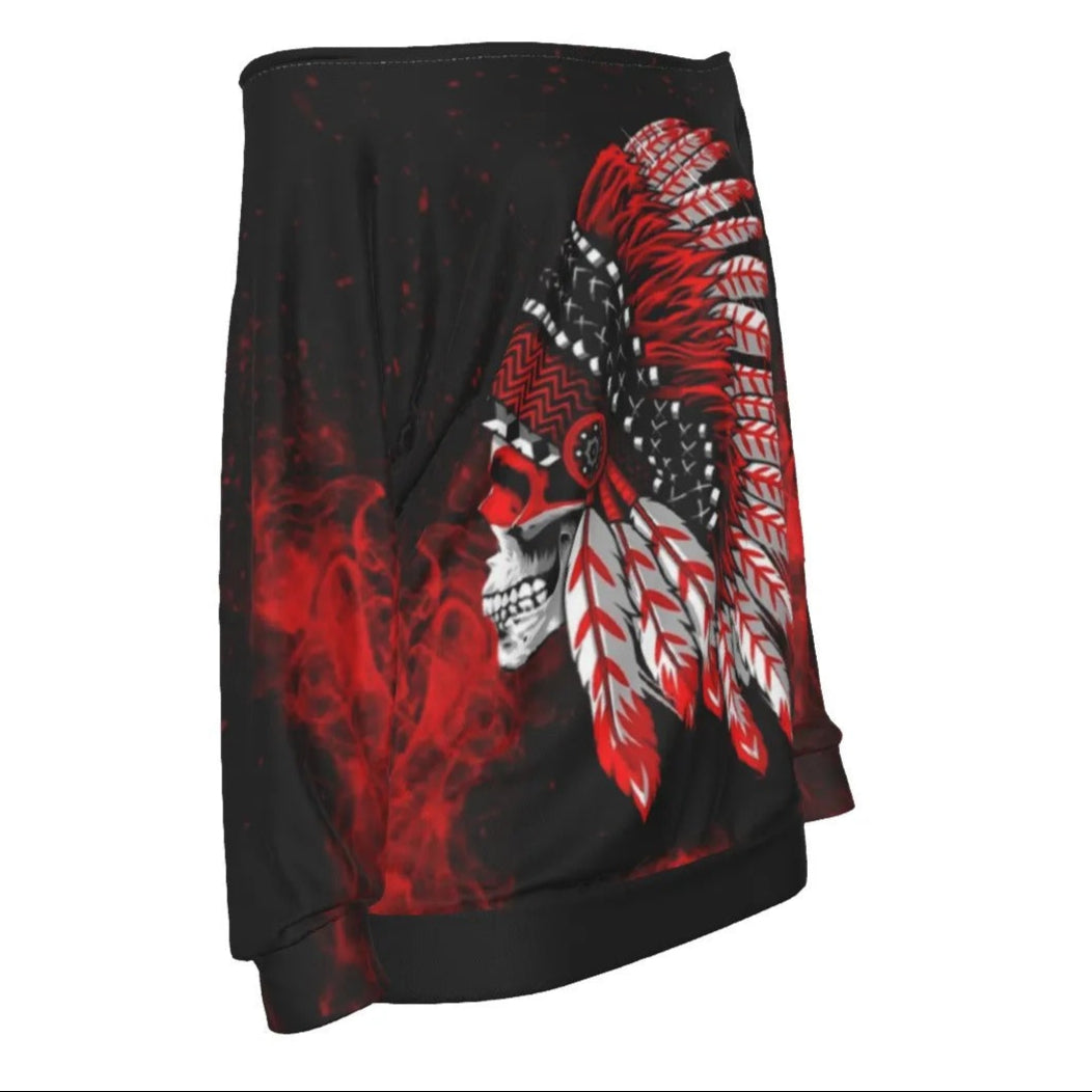 Native American Skull Off-Shoulder Top, Red Feather Headdress Shirt, Tribal Gothic Blouse, Red Smoke Graphic Wear, Warrior Biker Style