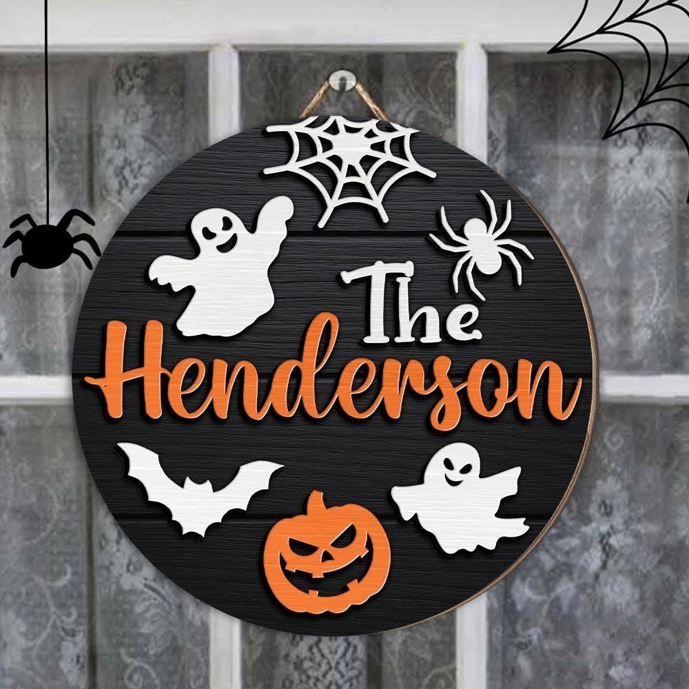 Personalized Halloween Door Hanger, Halloween Family Sign, Custom Family Name Sign, Halloween Decor, Halloween Gift, Wooden Door Hanger