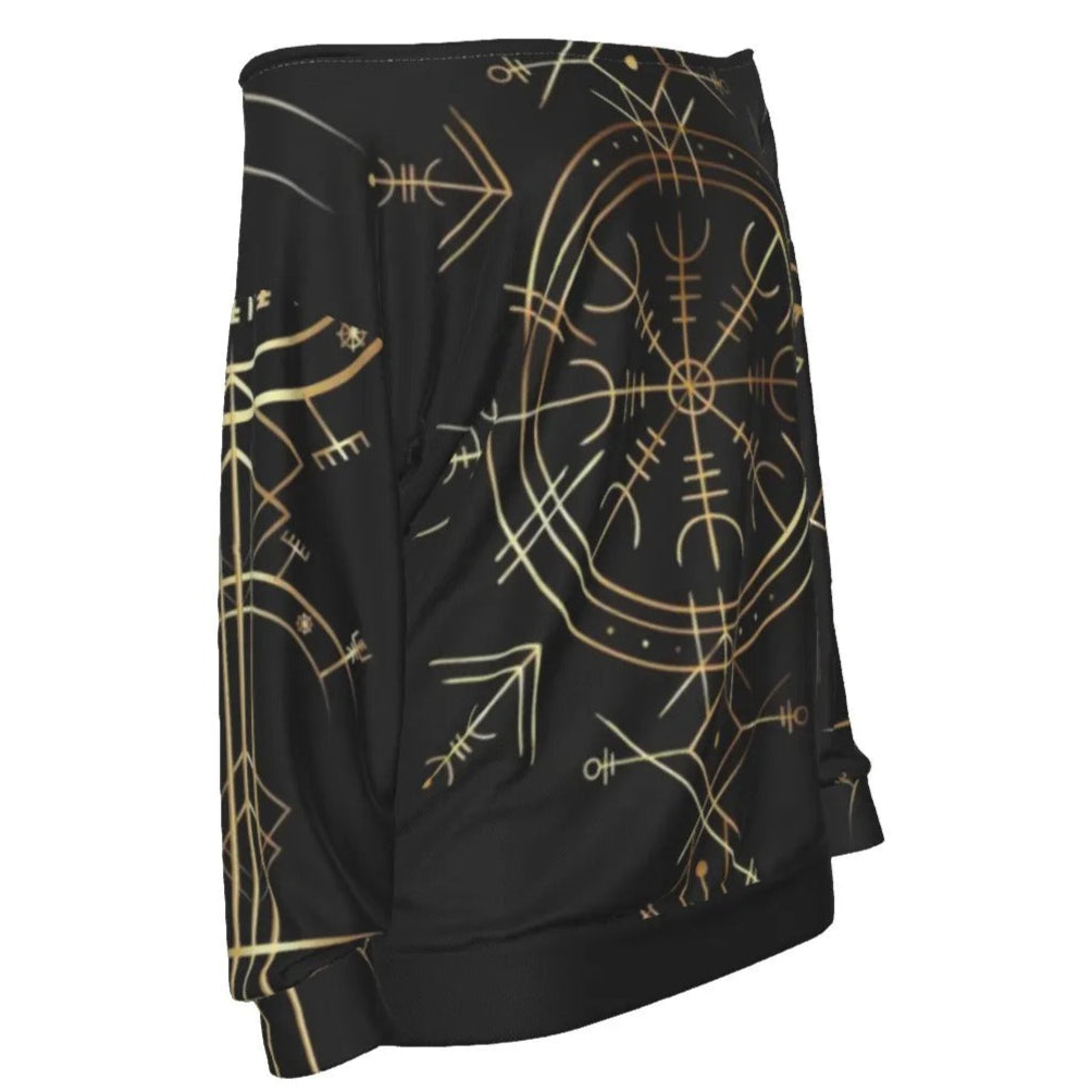 Viking Vegvisir Mysticism Off-Shoulder Top, Norse Compass Viking Bardot Shirt, Nordic Rune Spiritual Fashion, Viking Sacred Geometry Blouse