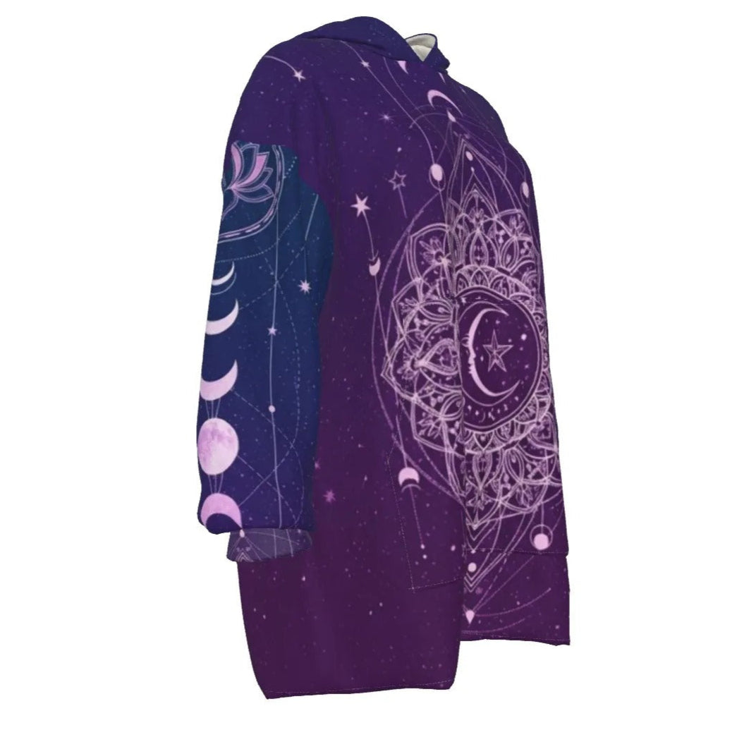 Mystic Lunar Mandala Wearable Hooded Blanket, Moon Phase Spiritual Wrap, Celestial Lotus Hooded Cape, Sacred Geometry Cosmic Loungewear, Boho Mystic Style