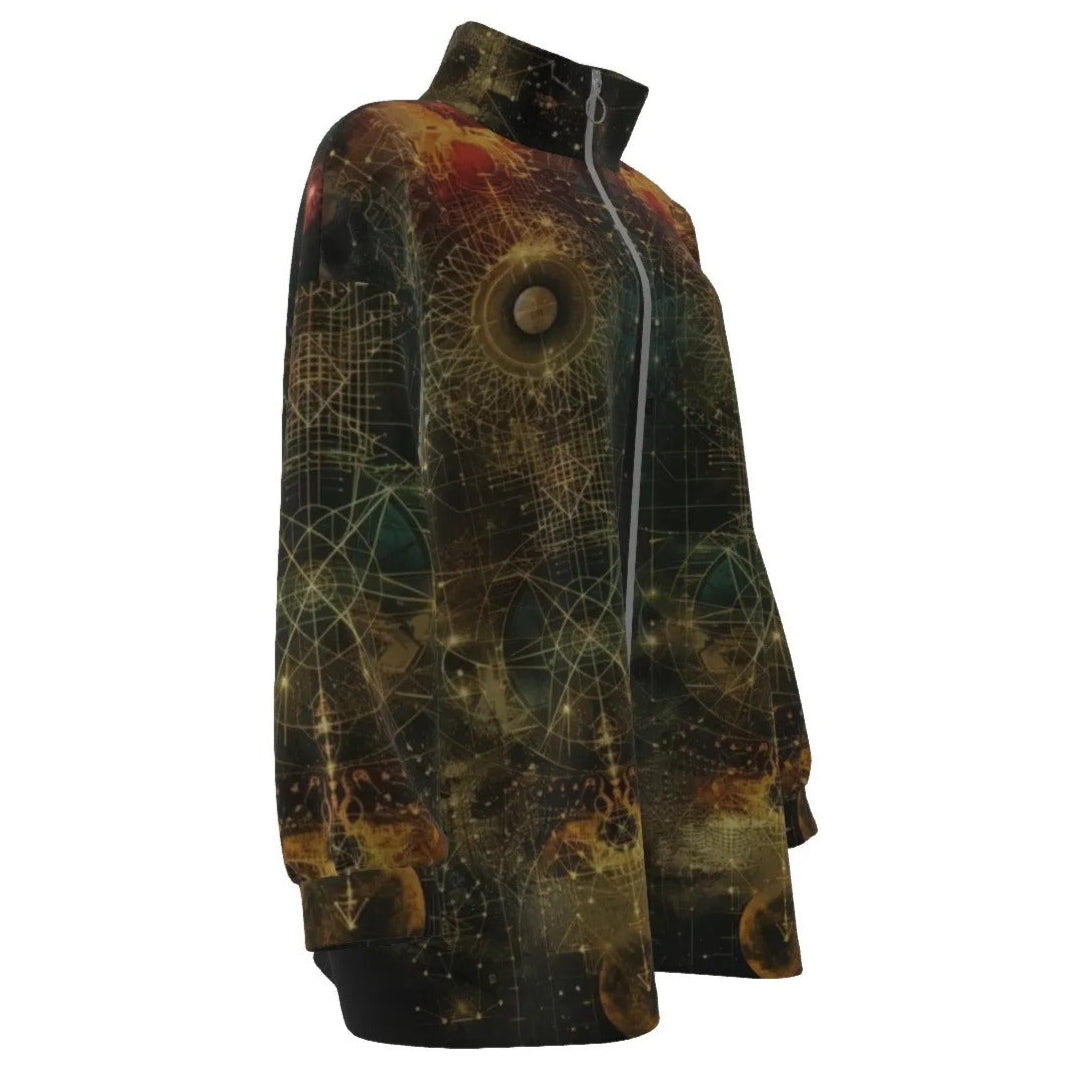 Celestial Alchemy Women’s Coat, Sacred Geometry Outerwear with Cosmic Symbols & Mystical Astral Energy